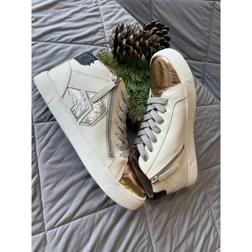 Dolce Vita Zonya Cooper High Top Sneakers White Metallic Silver Gold Women's 8.5